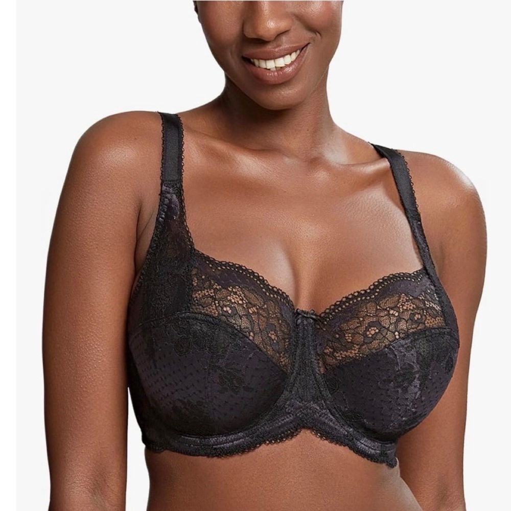 Panache Clara Black Purple Lace Balconette Full Cup Bra 40J Minimizer